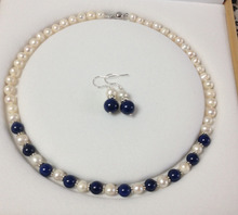 Genuine 7-8MM Natural White Pearl/Lapis Lazuli Round Beads Necklace + Earrings 2024 - buy cheap