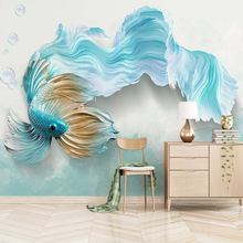 Custom Self-adhesive Mural Wallpaper Modern 3D Abstract Blue Fish Living Room Sofa TV Backdrop Waterproof Stickers Wall Bedroom 2024 - buy cheap