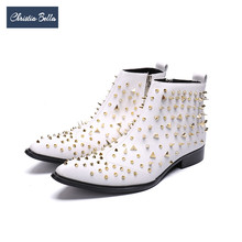 Christia Bella Winter Autumn White Genuine Leather Men Boots Wedding Party Rivets Ankle Boots Plus Size Men Motorcycle Boots 2024 - buy cheap