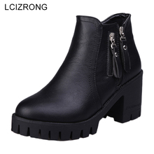 Ботинки LCIZRONG женские на высоком каблуке 7,5 см, теплые полусапожки на платформе, с круглым носком, на толстой подошве, в английском стиле, черные 2024 - купить недорого