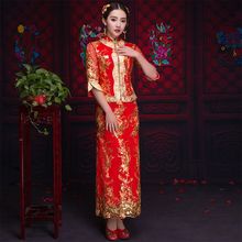 Oriental Asian Bride beauty Chinese traditional Wedding Dress Women Red Floral Long Sleeve Embroidery Cheongsam Robe Qipao style 2024 - buy cheap