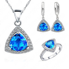 Conjuntos de joyería azul, triángulo cúbico de circonio ancho, piedra, pendientes de plata de ley 925, colgantes, collares, anillos de dedo, US6-9 2024 - compra barato