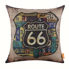 LINKWELL Brand Retro Pillow Case Burlap Cushion Cover 18x18 inch Rusted Mother Road Route 66 in Car Plate American USA Man Cave 2024 - buy cheap