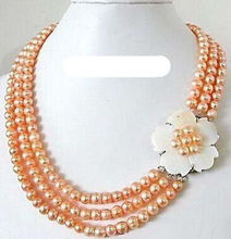 FREE SHIPPING HOT sell new Style >>>>3 Rows Real Pink Pearl White Shell Flower 18KWGP Clasp Necklace 2024 - buy cheap