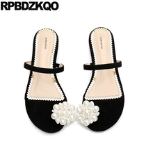 Black Pearl Shoes Sandals Slides 5 Women Fashion Leather Suede Lady Slippers Korean Designer Summer 2021 Soft Slip On Footwear 2024 - buy cheap