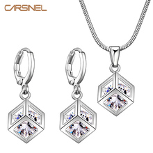 Fashion Lattice Cube Jewelry Sets for Women Silver color 8mm Cubic Zircon Necklace Hoop Earrings Bridal Jewelry Sets Wholesale 2024 - buy cheap