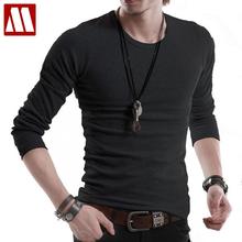 Camisa masculina de manga comprida, camiseta elástica coreana slim com gola redonda, manga comprida, vestuário de marca sólida para homens 2024 - compre barato