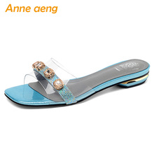 2019 New Summer Genuine Leather Outside Women Slippers Low Square Heel Crystal Casual Women Shoes Blue Female Mules Slides 2024 - buy cheap