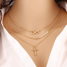 Trend of large-scale temperament multi-layer metal cross inverted 8 chain clasp chain beads necklace wholesale Woman's gift 2024 - buy cheap