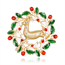 Fashion Rhinestone Inlaid Golden Deer Metal Brooch Pins Red Flower Green Leaves Enamel Coated Brooches Christmas Gift 2018 New 2024 - buy cheap