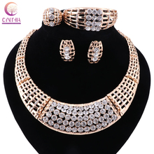 Fashion African Costume Jewelry sets  Gold color Crystal Chunky Necklace Bangle Earrings Ring women Bridal Party Gift Set 2024 - buy cheap