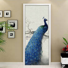 Наклейка на дверь с павлином для спальни, настенная живопись, ПВХ самоклеящаяся Водонепроницаемая наклейка на дверь комнаты, домашний декор, фотообои 3D 2024 - купить недорого
