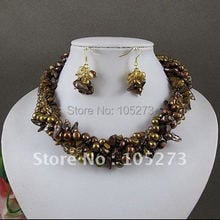 Venta al por mayor, conjunto de joyería elegante, collar de perlas de agua dulce de cristal marrón, pendiente con Cierre magnético, 5 filas, Envío Gratis A2094 2024 - compra barato