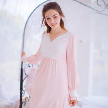 Free Shipping 2017 New Autumn Princess Style Women's Vintage Long Nightgown Yellow and Pink Sleepwear Cotton Lace Pijamas 2024 - buy cheap