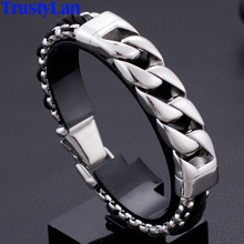 Polished Stainless Steel Chain Bracelet Men 15MM Wide Braided Leather Bangle Male Cool Biker Jewelry Accessory Dropship Gifts 2024 - buy cheap