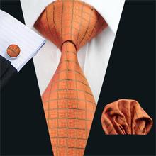 Corbata de FA-464 para hombre, corbatas de Jacquard de seda a cuadros, color naranja, clásico, juego de gemelos y pañuelo, para negocios, fiesta de boda, Envío Gratis 2024 - compra barato