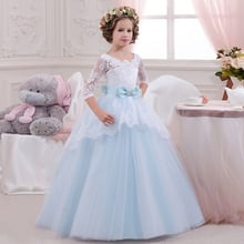 2021 Blue Girls Pageant Dresses Three Quarter Patchwork O-Neck Ball Gown with Bow Girls Long Pageant Dresses Communion Dresses 2024 - buy cheap