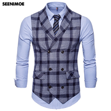 Seenimoe Mens Stripe Plaid Formal Blazer vests Casual Double Breasted V-neck Fashion M-4XL Male England Style Casual Vests 2024 - buy cheap