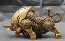 Chinês cobre bronze feng shui sorte riqueza moeda gado touro selvagem boi estátua 2024 - compre barato