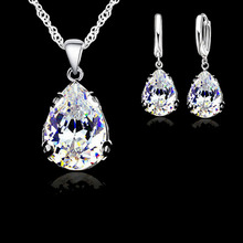 Genuine 925 Sterling Silver  Austria Crystal Water Drop Pendant Necklace Earring Jewelry Set for Women Wedding Engagement 2024 - buy cheap
