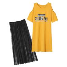 2019 Fashion Women Round Neck Number Print Short Sleeve Cold Shoulder T Shirt Dress + Mesh Skirt Two-Piece Set 2024 - buy cheap