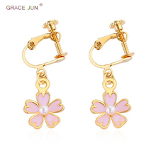 GRACE JUN New Clip on Earrings No Pierced for Women&Girl Party Wedding Fashion Enamel Pearl Flower Shape Cuff Earrings Wholesale 2024 - buy cheap