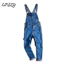 Jeans masculino lfszy macacão jeans azul casual, macacão jeans solto, macacão sling 2024 - compre barato