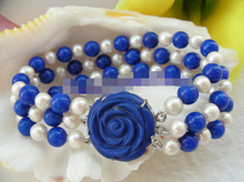 Pulsera redonda de perlas de agua dulce, lapislázuli Azul, Blanco, 3 filas,> @> 2024 - compra barato