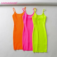 LUNDUNSHIJIA Fluorescence Stretch Knitting Mini Dress Women Sexy Straps Slim Fit Party Dresses Vestidos Femme 2024 - buy cheap