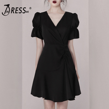 INDRESSME-vestido de fiesta para mujer, vestido negro con escote en V, mangas cortas abullonadas, corte en A, minivestido clásico holgado de moda 2019 2024 - compra barato
