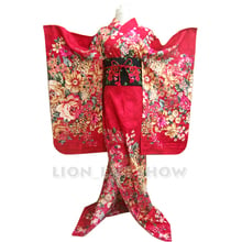 Japanese Women Rose Red Pink Floral Long Furisode Kimono Cosplay Costume 2024 - buy cheap