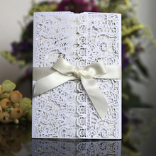 Tarjeta de invitaciones de boda elegante con corte láser, Flora con cinta, tarjetas de felicitación personalizadas, decoración de boda, 100 Uds. 2024 - compra barato