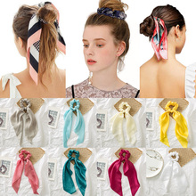 Sale Ribbon Vintage Women Satin Hair Scarf Bowknot Streamers Scrunchies Ponytail Holder Headband Elastic Hair Ties for Girls 2024 - buy cheap