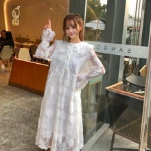 New Women's Japanese Lolita Sweet Dress Peter pan Collar Loose Splice Lace A-Line White Long Sleeve Dress 2024 - buy cheap