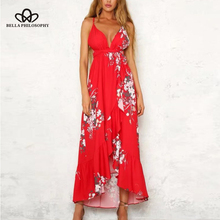 Bella Philosophy Strap Summer Maxi Dress Floral Print Asymmetric Cross Backless Deep V neck Slip Tunic Long Women Beach Dress 2024 - buy cheap