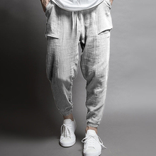 Высокое качество мужские хип-хоп хлопковые льняные брюки с кулиской на талии карманные свободные брюки карандаш повседневные штаны-шаровары 2024 - купить недорого