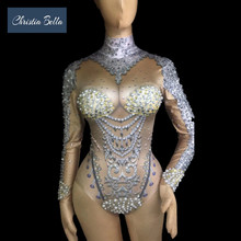 Christia bella sexy pérolas strass bodysuit feminino mangas compridas collant estágio estiramento macacão dança trajes desempenho 2024 - compre barato