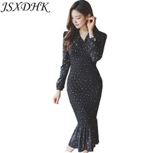 JSXDHK 2021 Autumn Women Party Dress High Quality Black Dot Chiffon Long Sleeve Female Bodycon V Neck Mermaid OL Dress Vestidos 2024 - buy cheap
