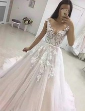 Vestido de novia de Cenicienta con cuello en V, sin mangas, línea A, con cremallera en la espalda, tul suave, apliques de cristal para boda, color champán 2024 - compra barato