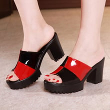 Plus Size 32-43 Square Block Heel Mix Color Slippers Women Shoes Summer 2021 Patent Leather Slippers Medium Heels Slippers 2024 - buy cheap