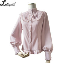 Blusa de Lolita para mujer, camisa rosa Vintage con volantes y manga larga abotonada, 2019 2024 - compra barato