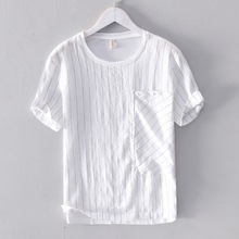 Camisa branca 2019 verão masculina, camiseta de linho masculina, gola redonda, slim fit, camisetas fashion para homens, camisetas, 100% 2024 - compre barato