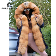 FURSARCAR-abrigo de piel auténtica para mujer, Parka informal con capucha y puño, Zorro de oro grueso, nuevo, de lujo, para invierno 2024 - compra barato