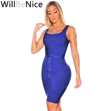 WillBeNice Blue 2019 Women Knee Length Dress Sexy Women Summer Dress Fashion Celebrity Club Dress Party Belt Bandage Dress 2024 - buy cheap