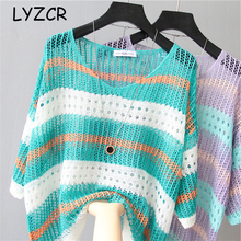 Lyzcr Knitted Women's Rainbow Striped Sweater Female Knitwear Pullover Hollow Out Sweater Women Jumper Loose Ladies Sweaters 2024 - buy cheap