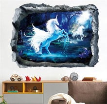 Adesivo de parede 3d de unicórnio, decoração de árvore com desenho animado vívido para crianças, quarto infantil, poster de mural 2024 - compre barato