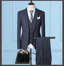 New Good Quality Striped Men Suit Custom Made Wedding Groom Fashion Single Button Male Slim Business fit 3pcs(Jacket+Pants+Vest) 2024 - buy cheap