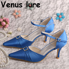Custom Handmade Pointed Toe High Heels Women Shoes Blue Satin Size 38 2024 - buy cheap