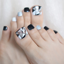 Geometric Triangle Fake False Toenails Press on Sticker White Black Silver Glitter Toe Nails Tips Foot Wear Nail Decoration Tips 2024 - buy cheap