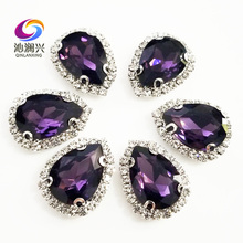 Top grade Silver bottom Glass Crystal buckle,Deep purple Drop shape sew on rhinestones with holes,Diy/wedding decoration 2024 - buy cheap